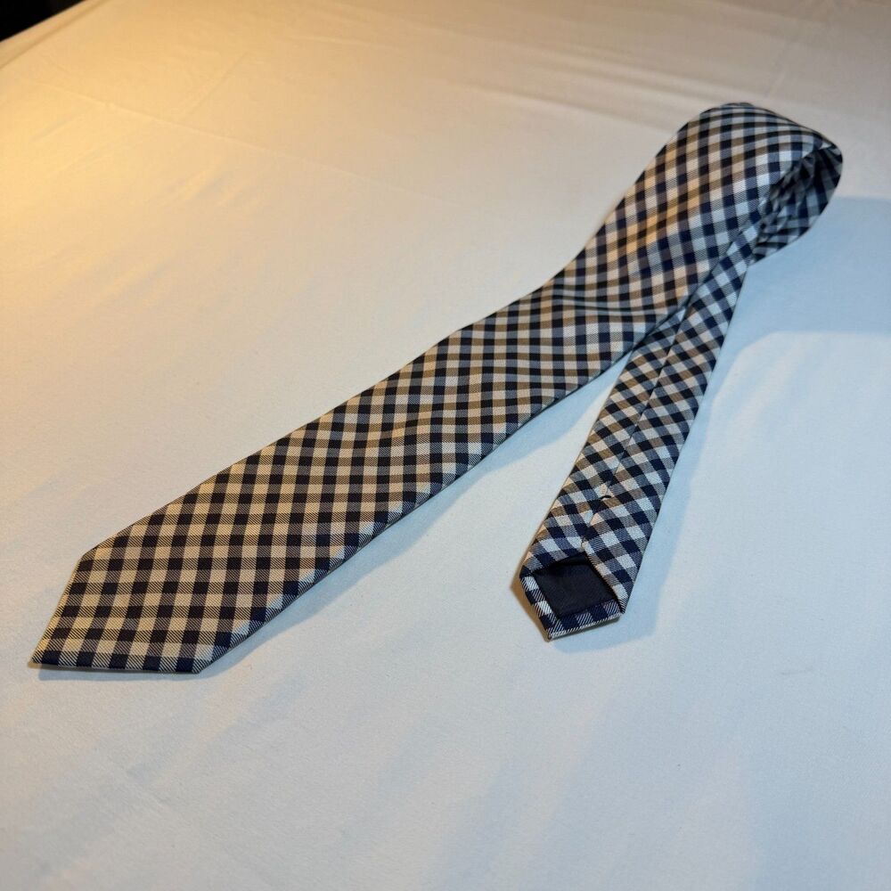 George Gingham Check Men Navy Blue White Polyester Classic Dress Necktie